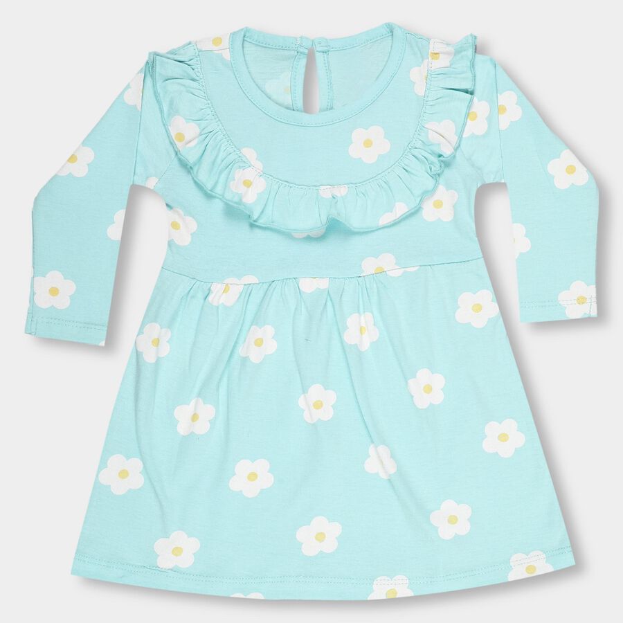 Infants' Aqua Blue Floral Printed Ruffled Neck Frock, एक्वा, large image number null