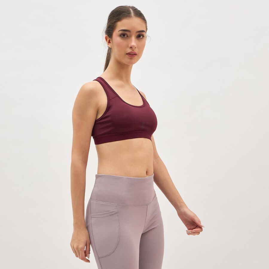 Women's Deep Burgundy Scoop Neck Athleisure Sports Bra, Wine, large image number null