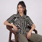 Women's Black Printed Spread Collar Shirt, काला, small