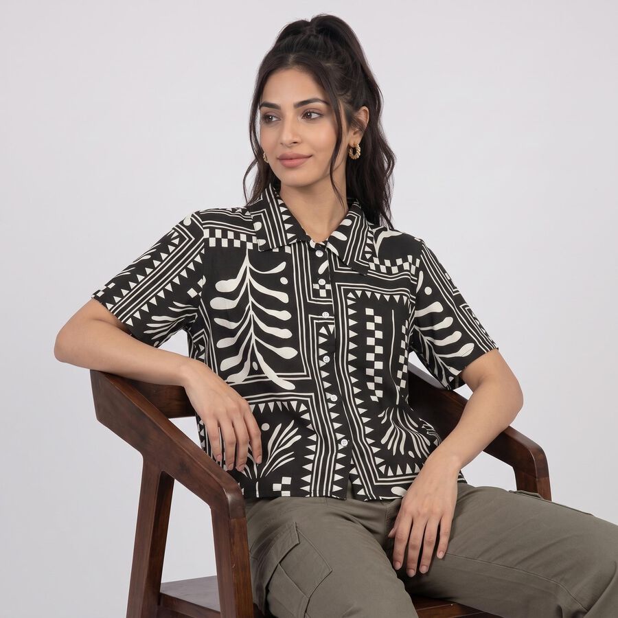 Women's Black Printed Spread Collar Shirt, काला, large
