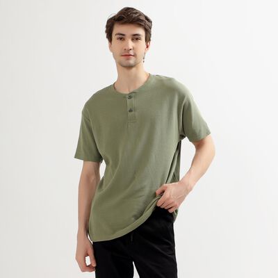 Men's Muted Olive Green Cotton Henley Neck Casual T-Shirt
