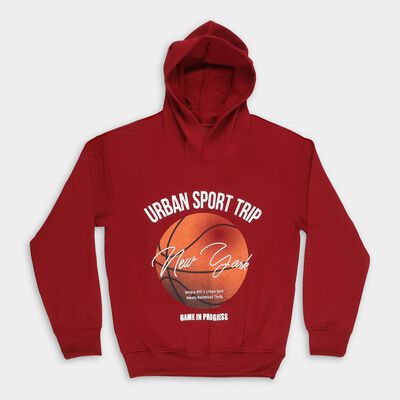 Boys Deep Maroon Hoodie Neck Graphic Sweatshirt