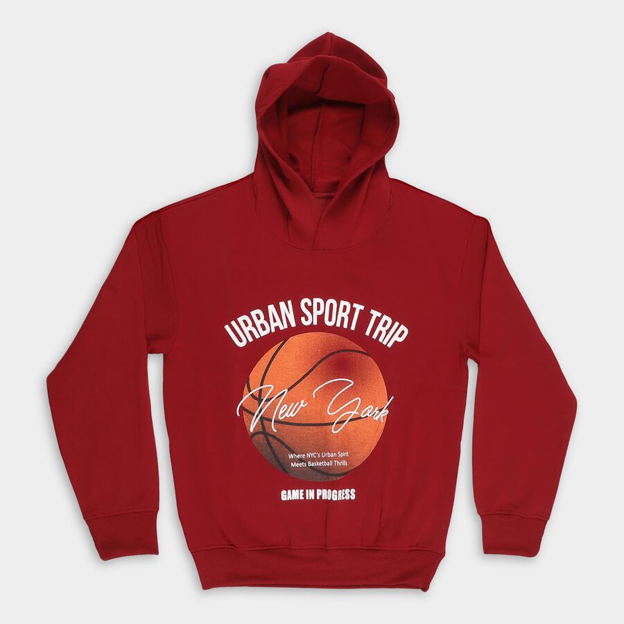 Boys Deep Maroon Hoodie Neck Graphic Sweatshirt, मरून, large image number null