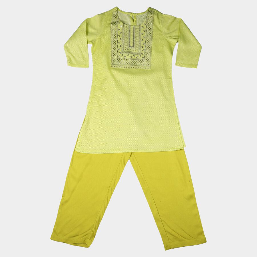 Girls Green Round Neck Fusion Set Upper and Bottom Set, हल्का हरा, large