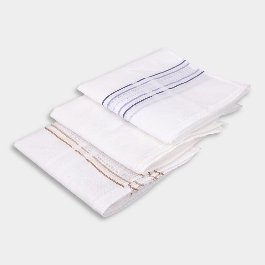 Men's White Cotton Striped Handkerchief Pack of 3, White, large