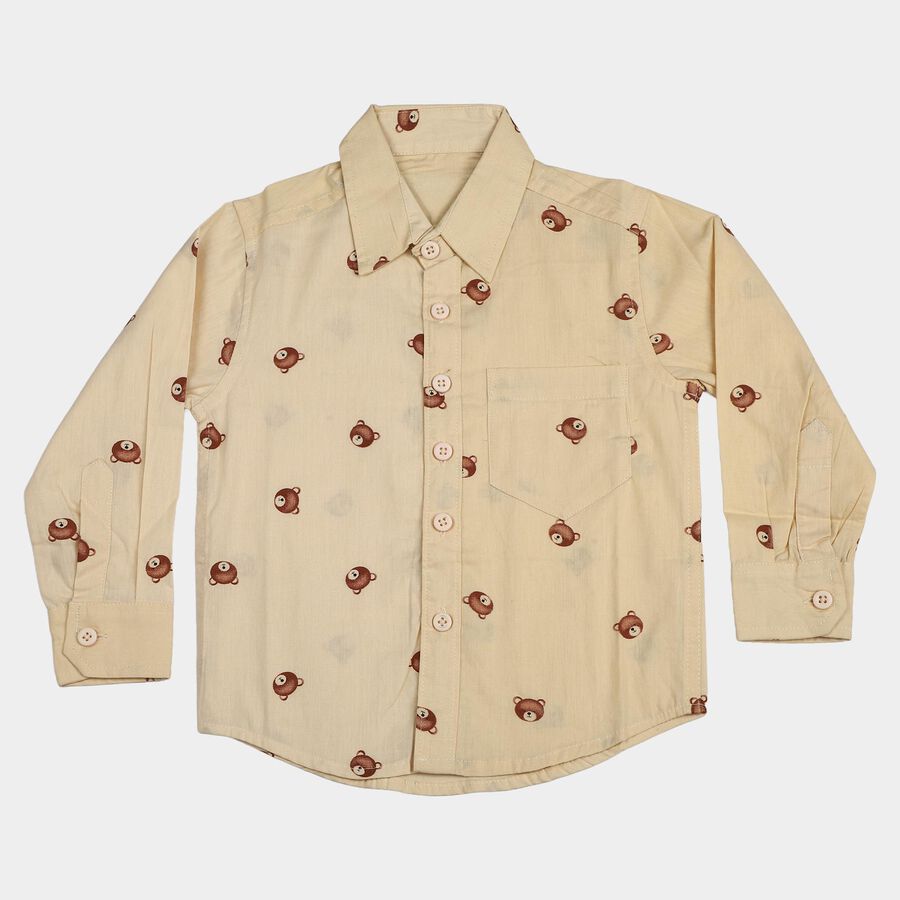 Boys Beige Cotton Long Sleeves Collar Regular Fit Shirt, Beige, large