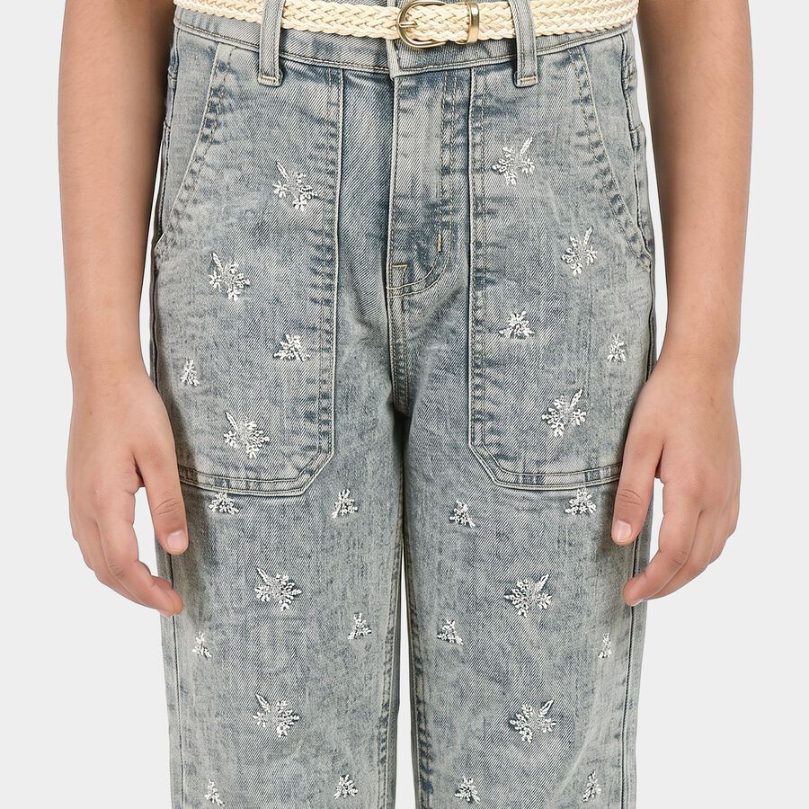 Girls' Light Blue Straight Fit Embroidered Jeans, मध्यम नीला, large