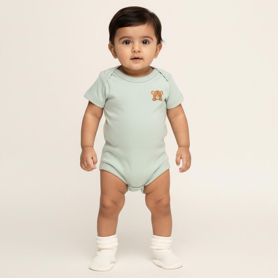 Infants Beige and Mint Green Cotton Round Neck Casual Bodysuit, गहरा पीला, large image number null