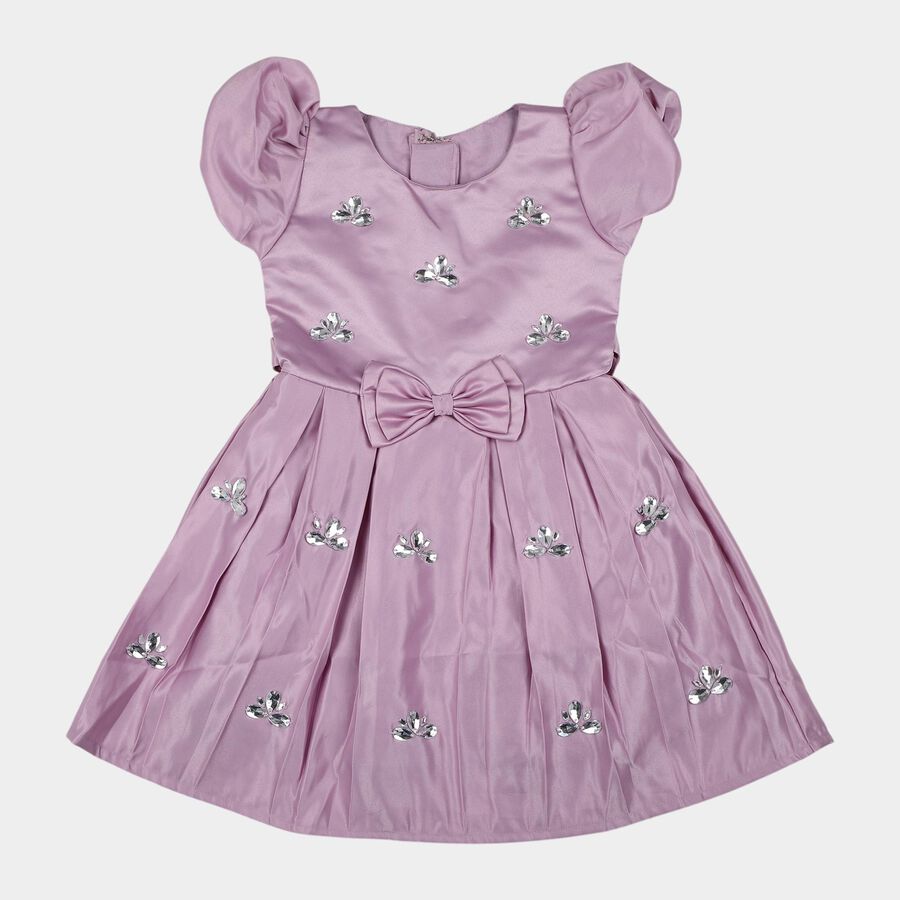 Girls' Lilac Puff Sleeve Embellished Party Frock, Lilac, large