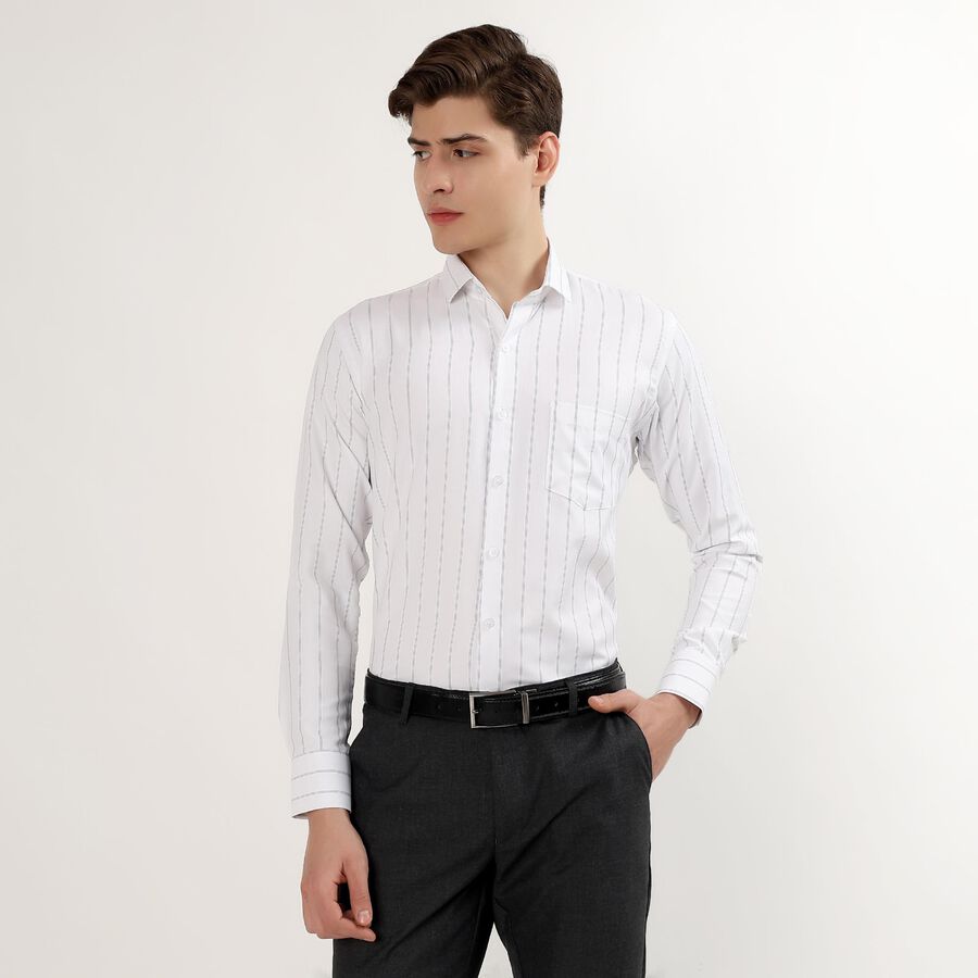 Men's White Striped Classic Collar Formal Shirt, Dark Green, large