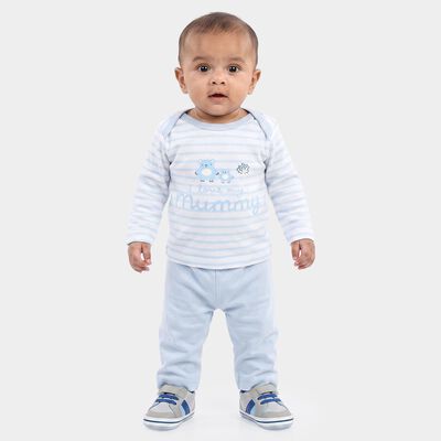 Infants' Light Blue 100% Cotton Round Neck Striped Baba Suit