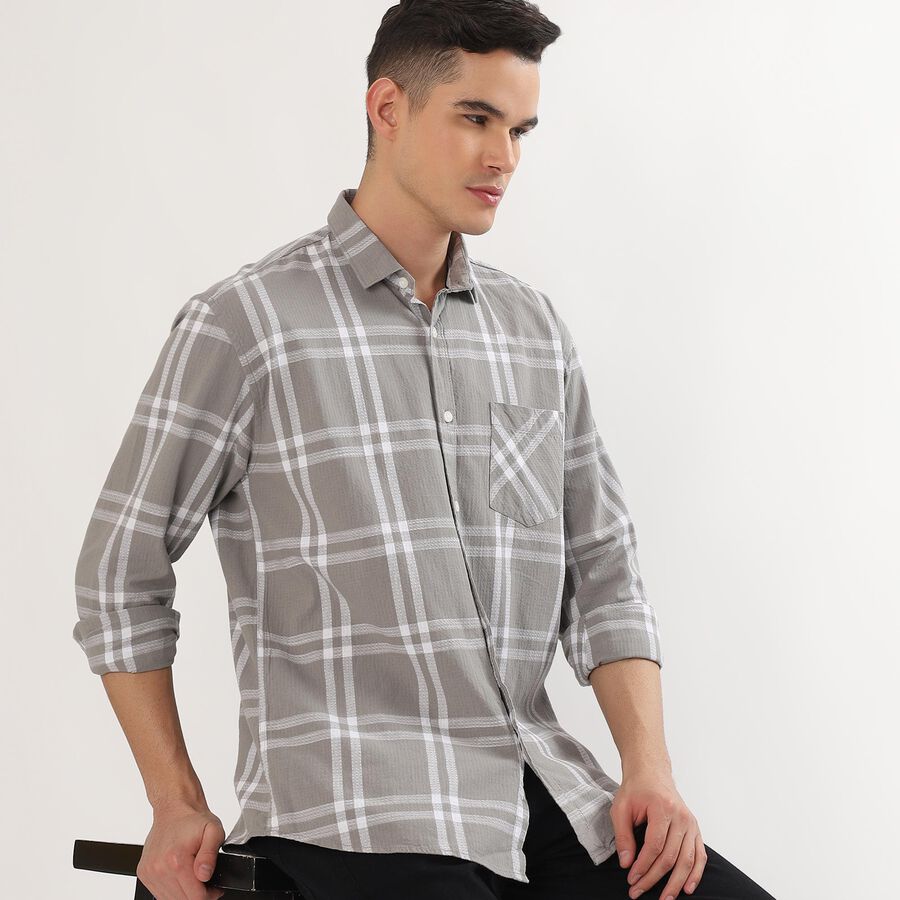 Men's Light Grey Cotton Button-Down Casual Shirt, Light Grey, large image number null