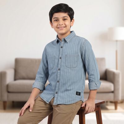 Boys' Blue Cotton Long Sleeve Collared Shirt