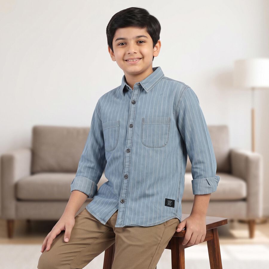 Boys' Blue Cotton Long Sleeve Collared Shirt, Mid Blue, large