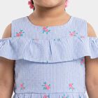 Girls' Light Blue Fit and Flare Striped Floral Print Frock, Light Blue, small