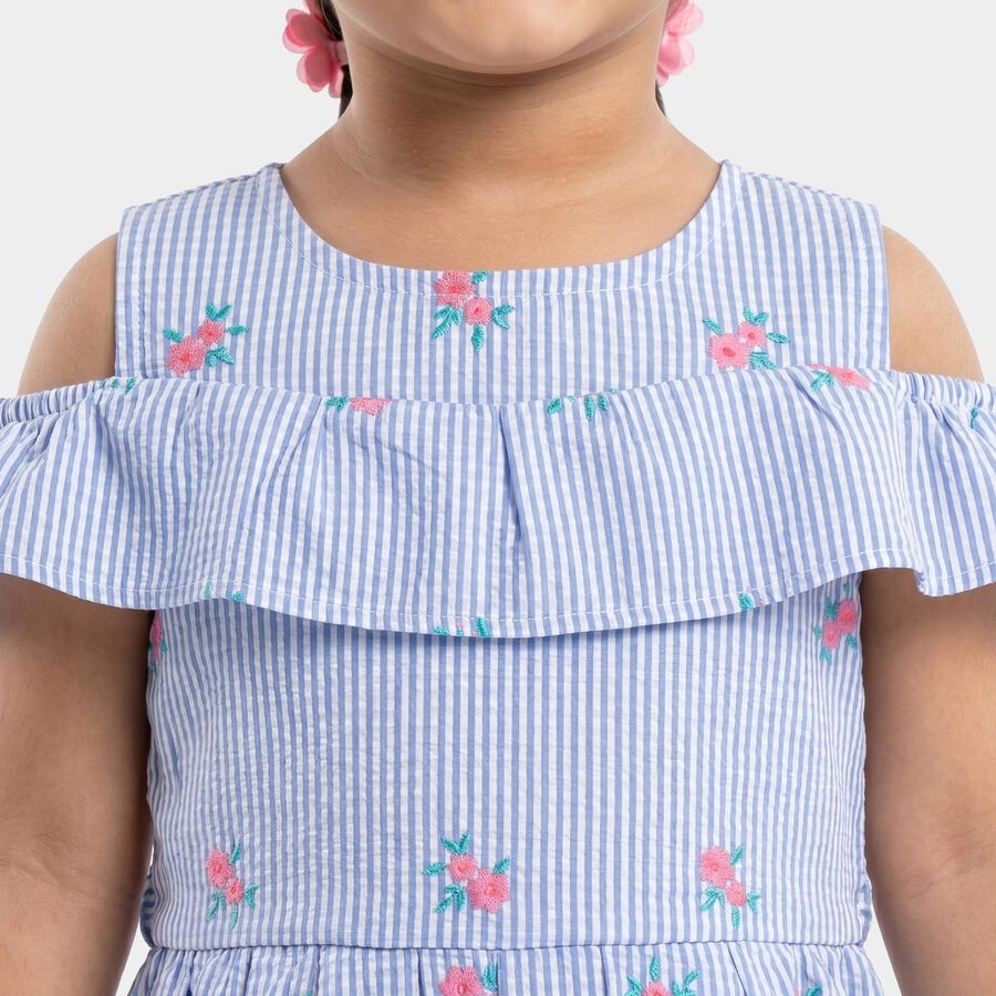Girls' Light Blue Fit and Flare Striped Floral Print Frock, Light Blue, large