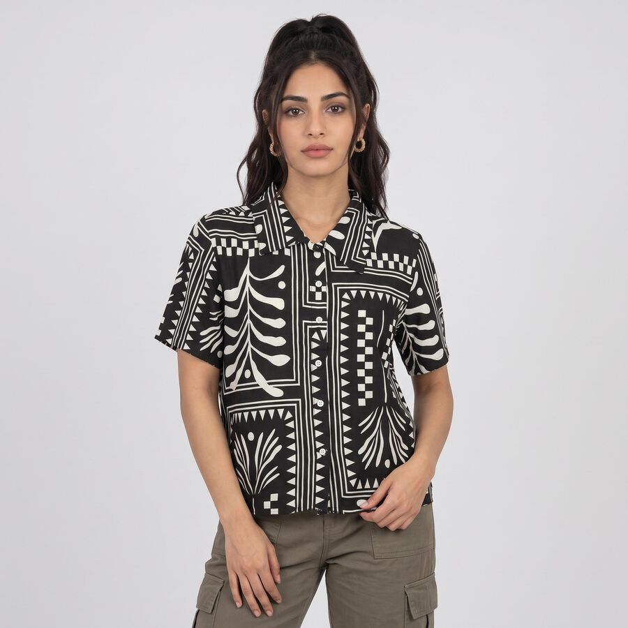 Women's Black Printed Spread Collar Shirt, काला, large