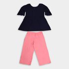Girls' Deep Midnight Navy Blue Cotton Embroidered Top and Pink Pants Fusion Set, नेवी ब्लू, small image number null