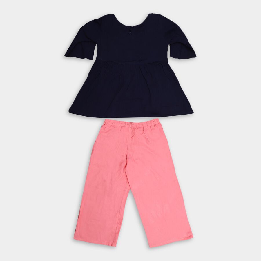 Girls' Deep Midnight Navy Blue Cotton Embroidered Top and Pink Pants Fusion Set, नेवी ब्लू, large image number null