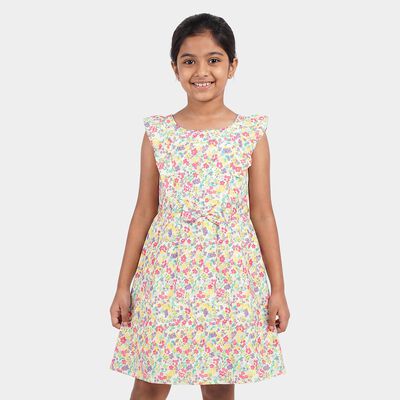 Girls' Yellow Floral Printed Fit and Flare Frock