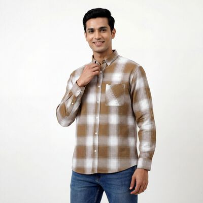 Men's Light Beige Cotton Classic Collar Casual Shirt