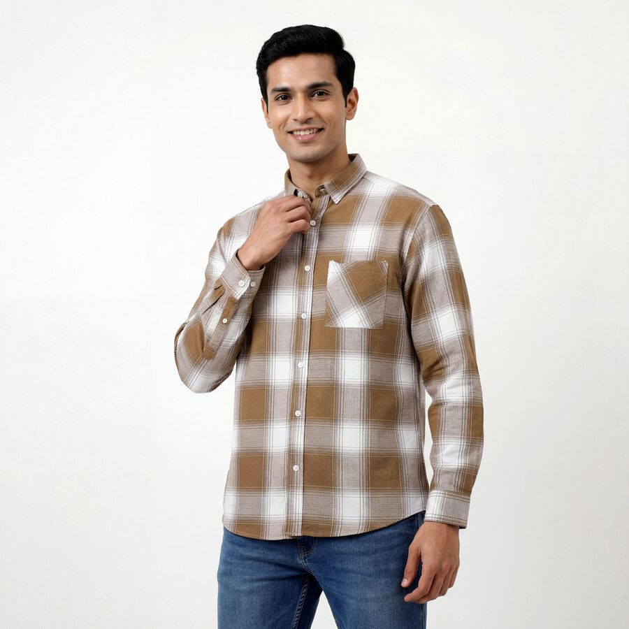 Men's Light Beige Cotton Classic Collar Casual Shirt, Beige, large