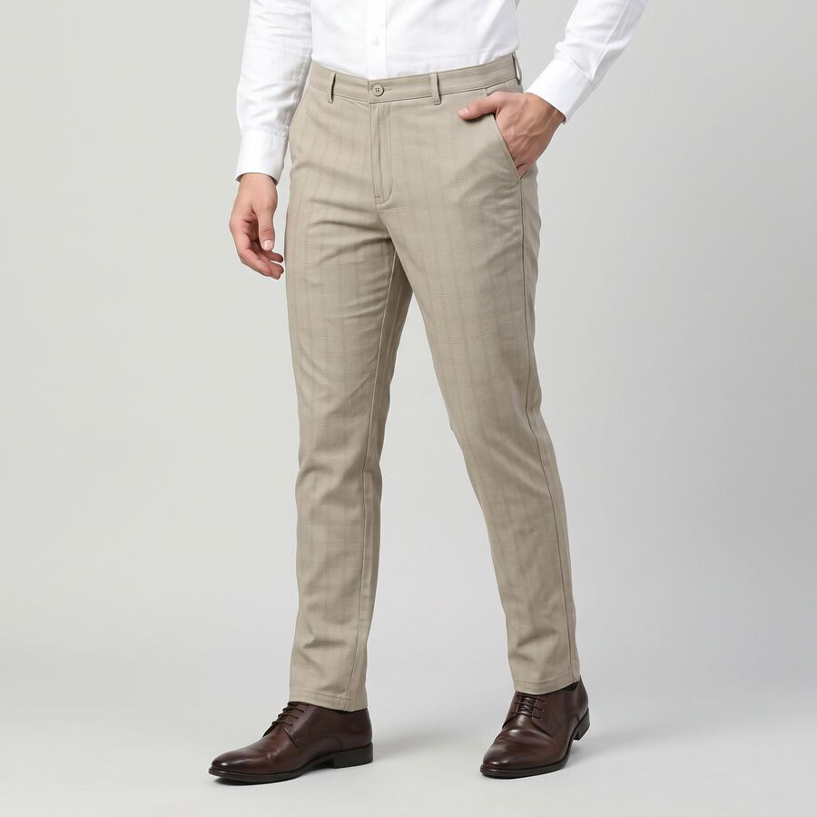 Men's Light Grey Slim Fit Checked Chino Trousers, हल्का ग्रे, large