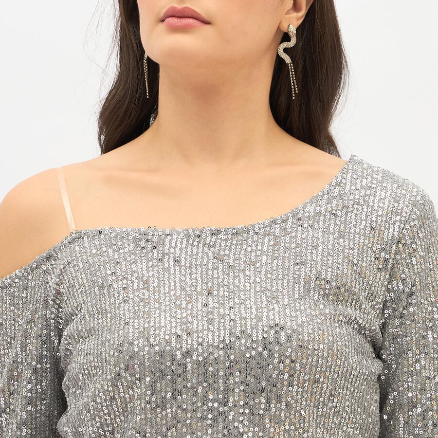 Women's Metallic Silver Asymmetric Party Wear Crop Top, Silver, large