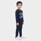 Boys Navy Blue Crew Neck Graphic Print Baba Suit, Navy Blue, small