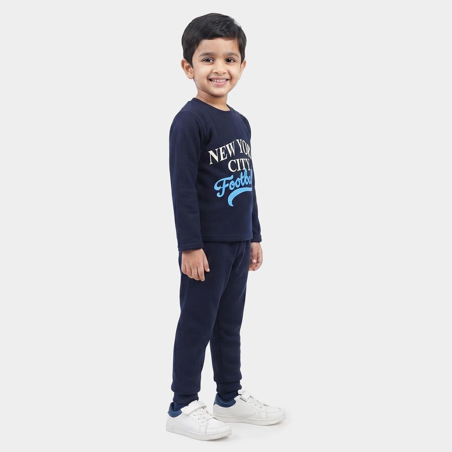 Boys Navy Blue Crew Neck Graphic Print Baba Suit, Navy Blue, large