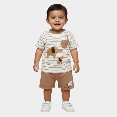 Infants' Beige 100% Cotton Round Neck Striped Elephant Printed Baba Suit
