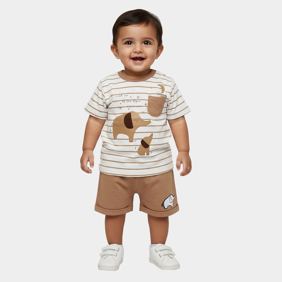 Infants' Beige 100% Cotton Round Neck Striped Elephant Printed Baba Suit, गहरा पीला, large