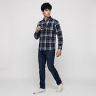 Men's Navy Blue Cotton Long Sleeve Spread Collar Casual Shirt, नेवी ब्लू, small