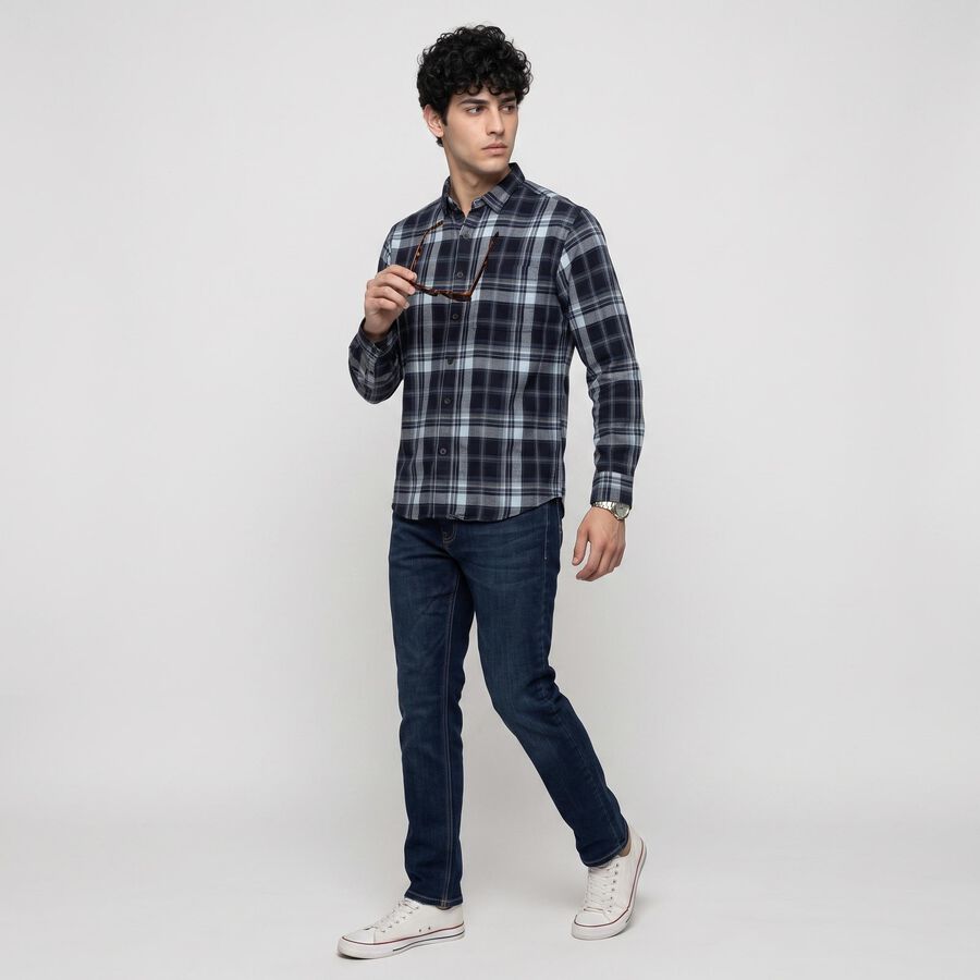 Men's Navy Blue Cotton Long Sleeve Spread Collar Casual Shirt, नेवी ब्लू, large
