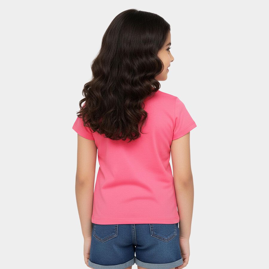 Girls Pink Cotton Round Neck Casual T-Shirt, Pink, large