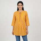 Women's Yellow Round Neck Printed Straight Kurti, Yellow, small