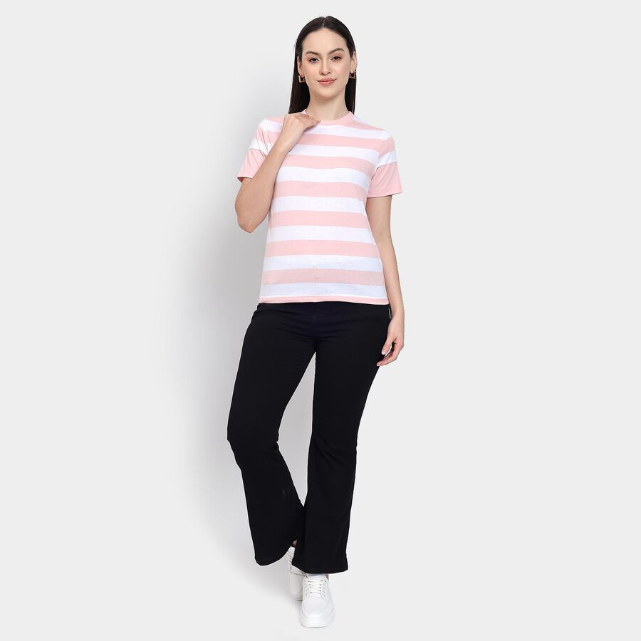 Ladies'  Stripes Round Neck T-Shirt, गुलाबी, large