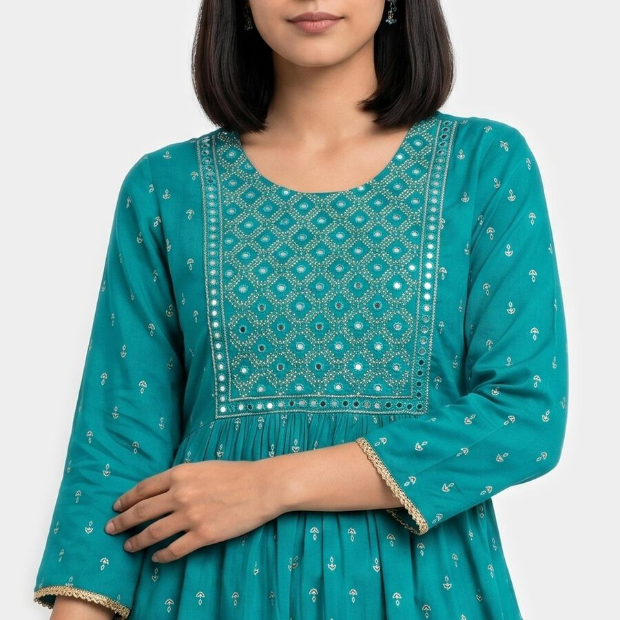 Women's Dark Green Round Neck Embroidered Kurti, गहरा हरा, large