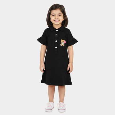 Girls' Black A-Line Teddy Print Shirt Collar Frock