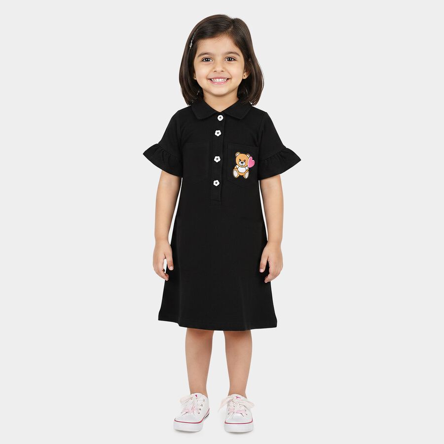 Girls' Black A-Line Teddy Print Shirt Collar Frock, Black, large