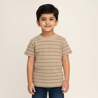 Boys Muted Beige Crew Neck Casual T-Shirt