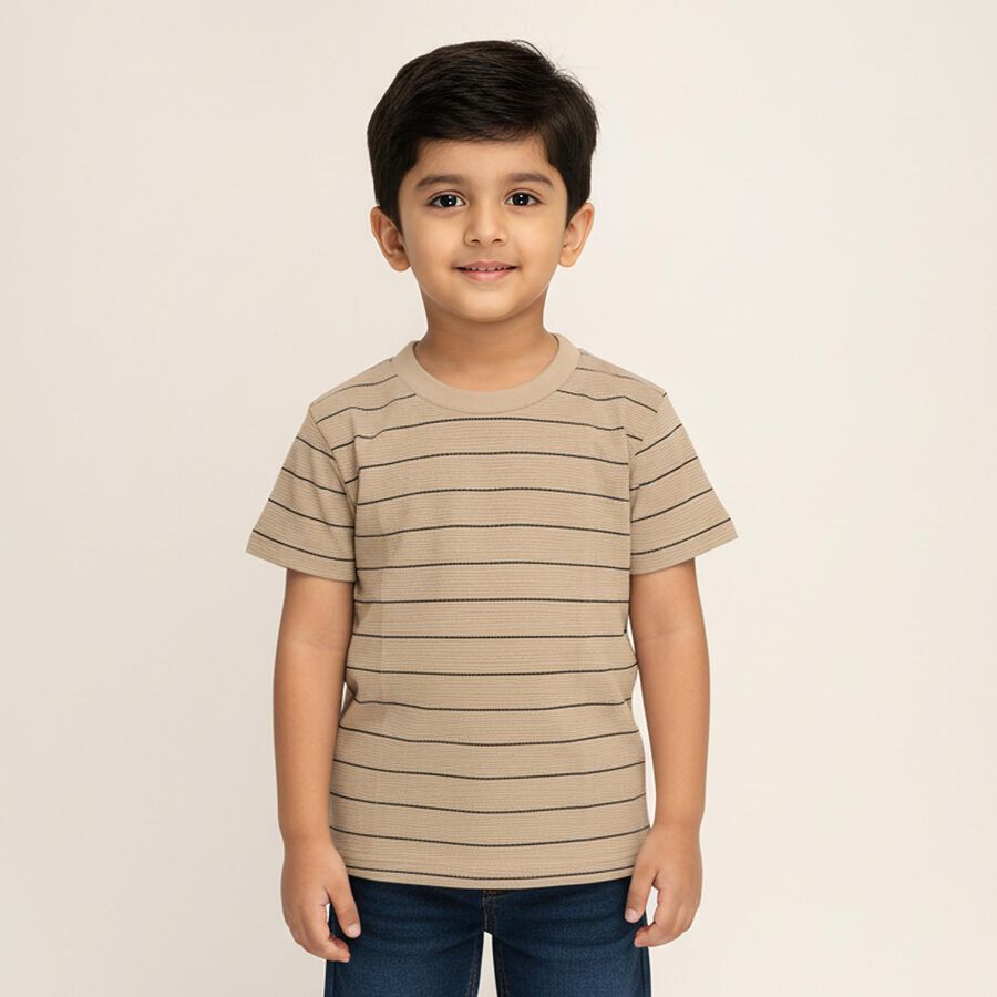 Boys Muted Beige Crew Neck Casual T-Shirt, Beige, large