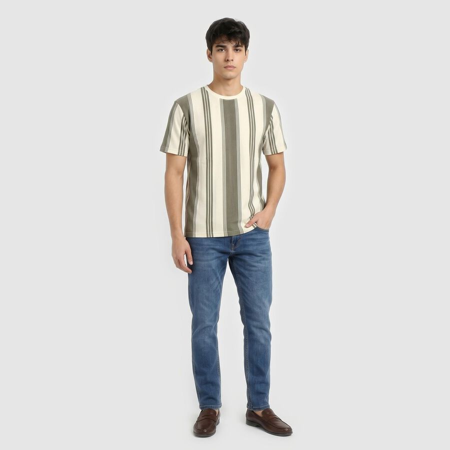 Men's Green Round Neck Striped Regular T-Shirt, हल्का हरा, large