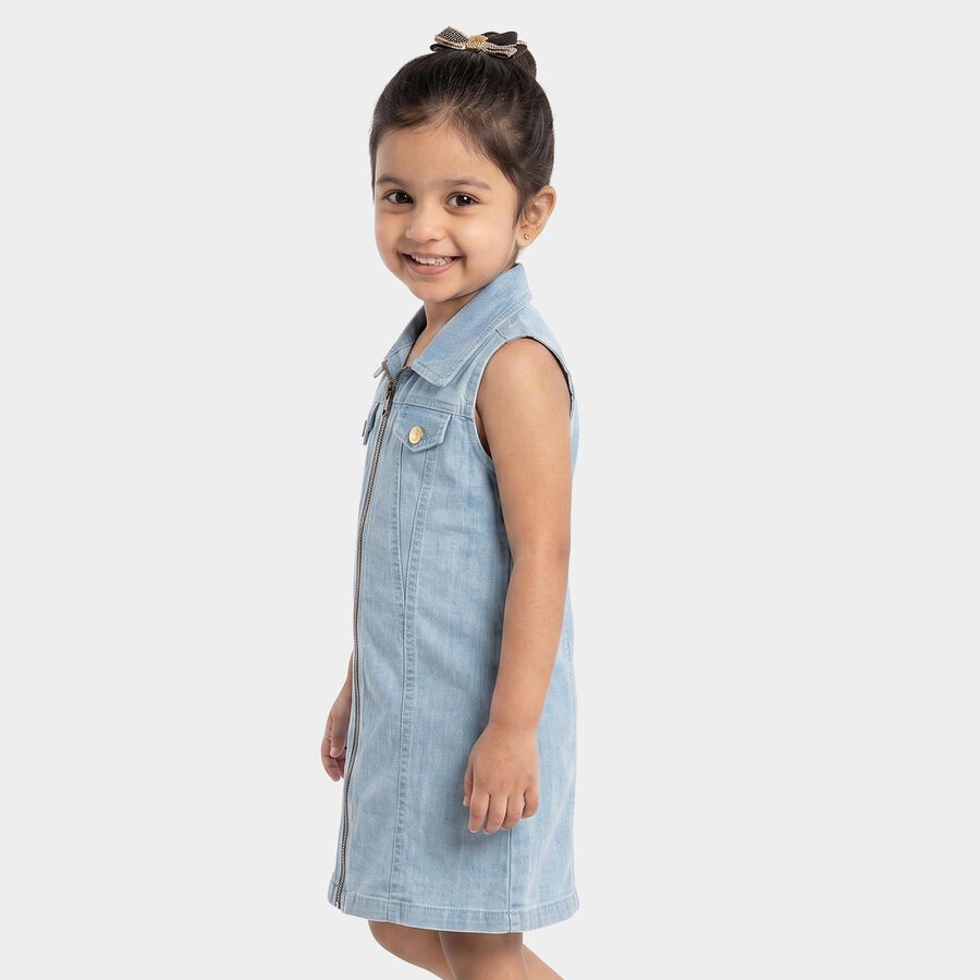 Girls' Light Blue Shift Zip Front Denim Look Frock, हल्का नीला, large