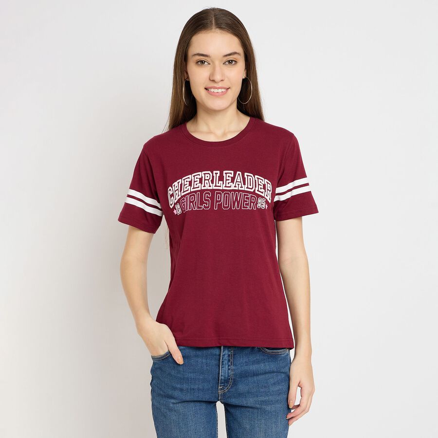Ladies' 100% Cotton Round Neck T-Shirt, वाइन, large image number null