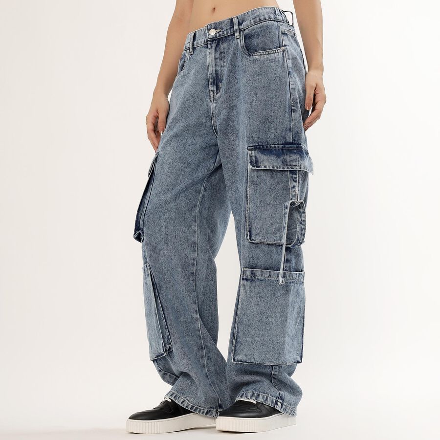 Women's Stonewashed Blue Relaxed Fit Cargo Jeans, हल्का नीला, large image number null