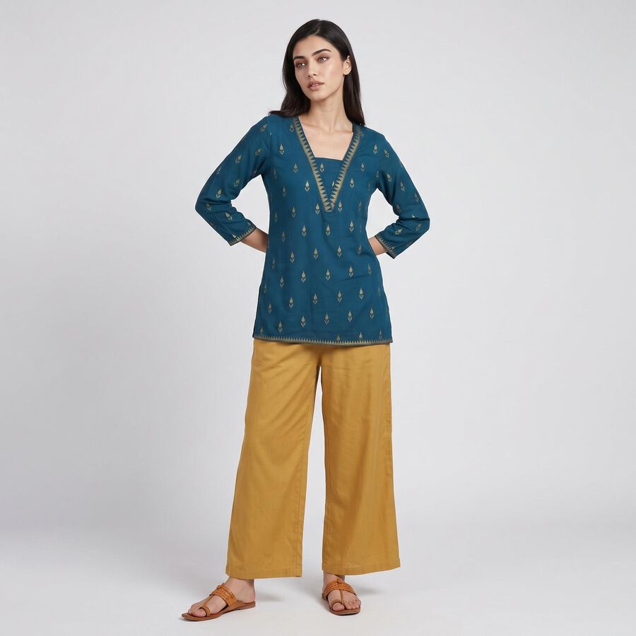 Women's Teal V-Neck Printed Straight Kurti, Teal Blue, large