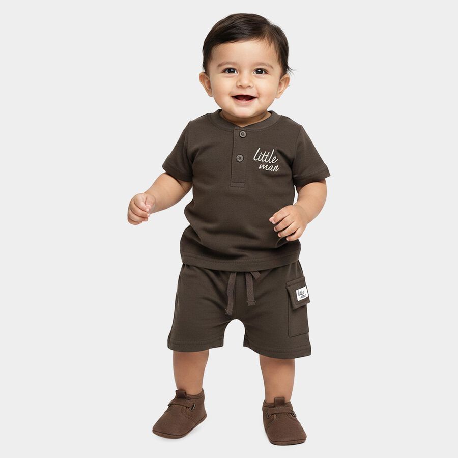Infants' Charcoal 100% Cotton Henley Neck Printed Baba Suit, चारकोल, large