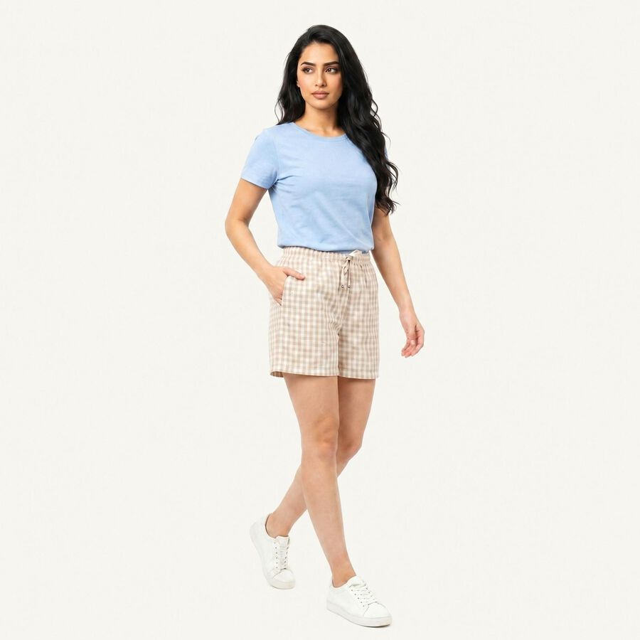 Women's Beige Regular Fit Checked Shorts, गहरा पीला, large