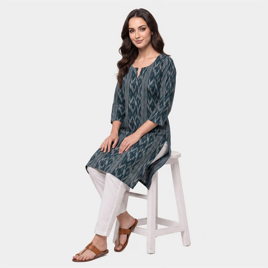 Women's Teal Notch Neck Ikat Printed Kurta, Teal Blue, large